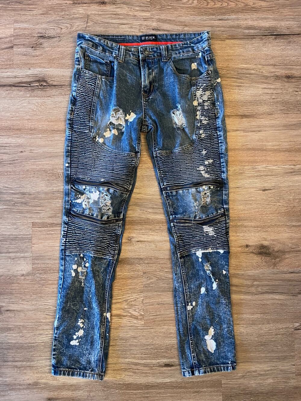 Black Premium Skinny Flex Moto Distressed Jeans Bleach Spot Zipper Knees 30x32